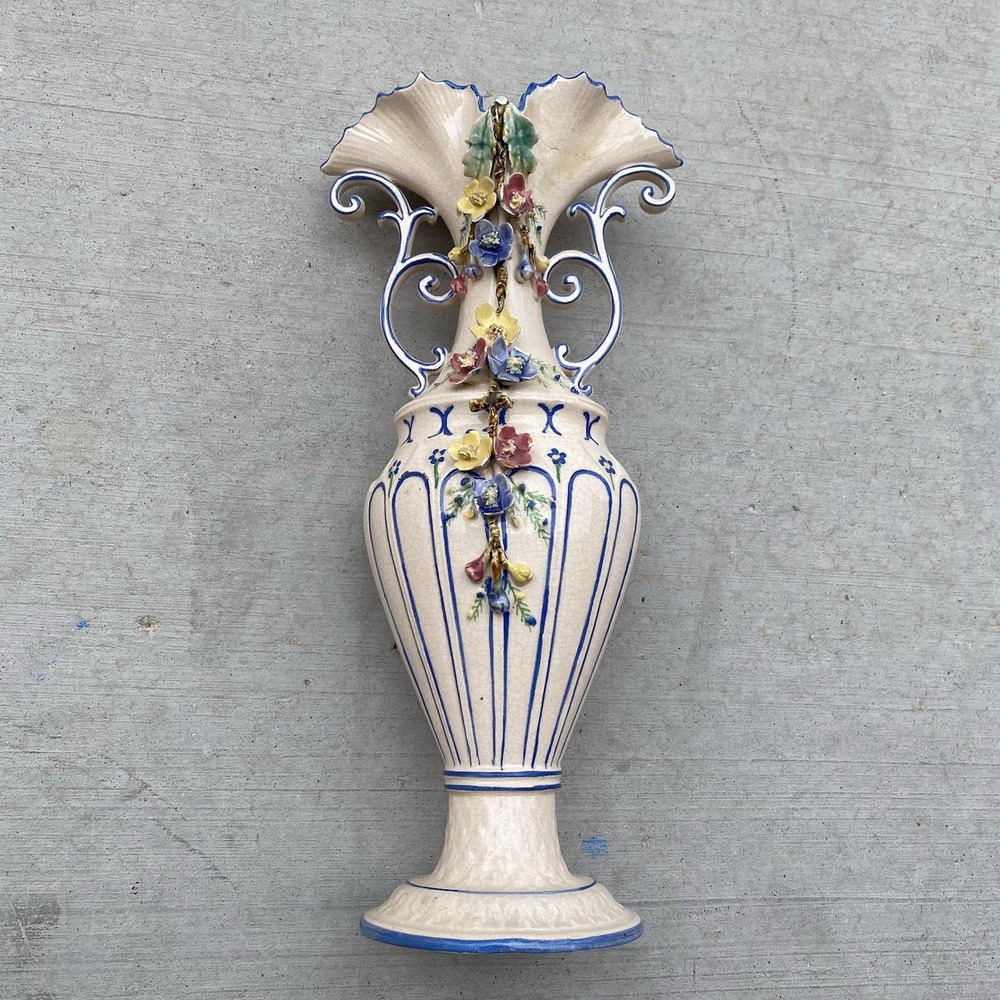Antique Majolica Vase Earthenware French Hand Painted Faience 19th-20th Century